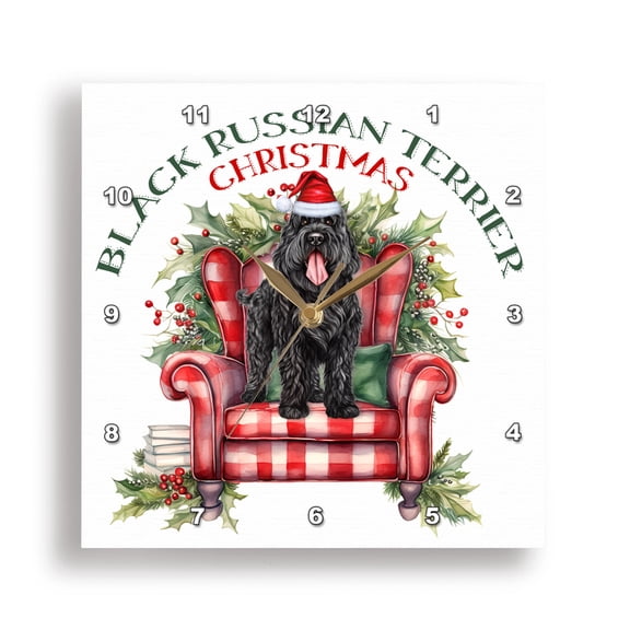 3dRose, This Black Russian Terrier Dog is Ready for Santa on Christmas, 13x13 Wall Clock