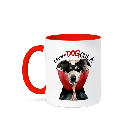 3dRose, This Borzoi dog is dressed up for Halloween as Count DOGcula., 15oz Two-Tone Red Mug
