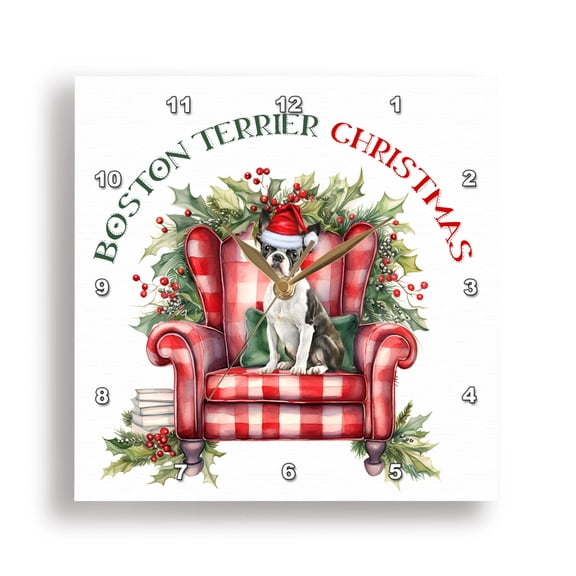 3dRose, This Boston Terrier Dog is Ready for Christmas and waiting for Santa, 15x15 Wall Clock