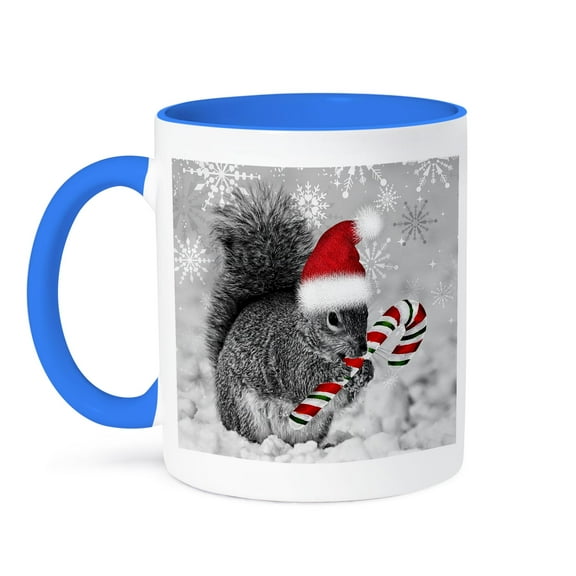 3dRose, This cute Christmas squirrel has a candy cane and a Santa hat in the snow covered winter landscape. , 15oz Two-Tone Blue Mug