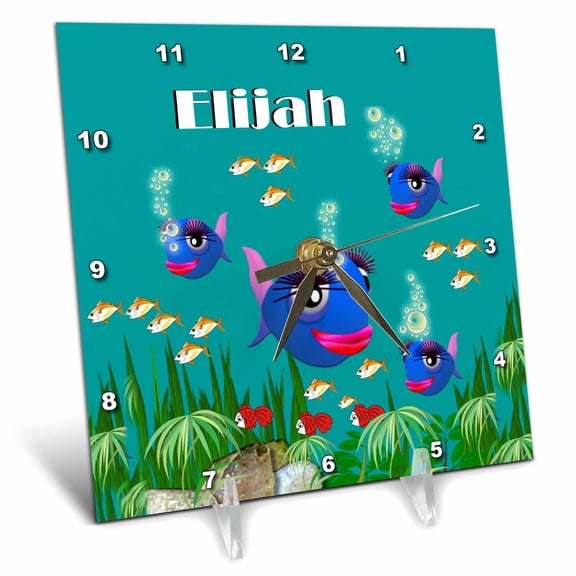 3dRose, This vibrant artwork of Fish under the sea is personalized with the name Elijah, 6x6 Desk Clock