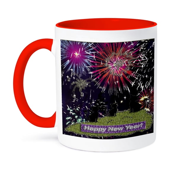 3dRose, Three Black Cat Watching Fireworks Red, 15oz Two-Tone Red Mug