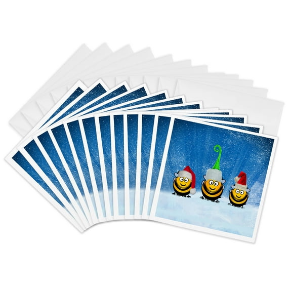 3drose, Three Cartoon Honey Bees Wearing Santa Hats in the Snow, 12 Greeting Cards with Envelopes