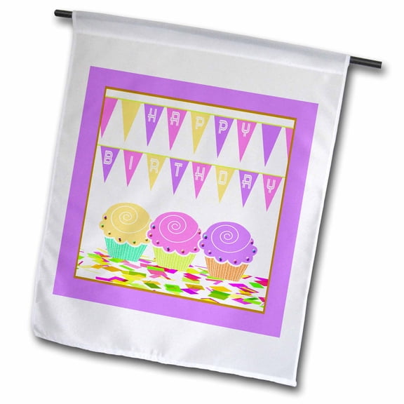 3dRose, Three Cupcakes with Birthday Flag Banners, Aqua Green, Purple and Pink, 12 x 18 inch Garden Flag