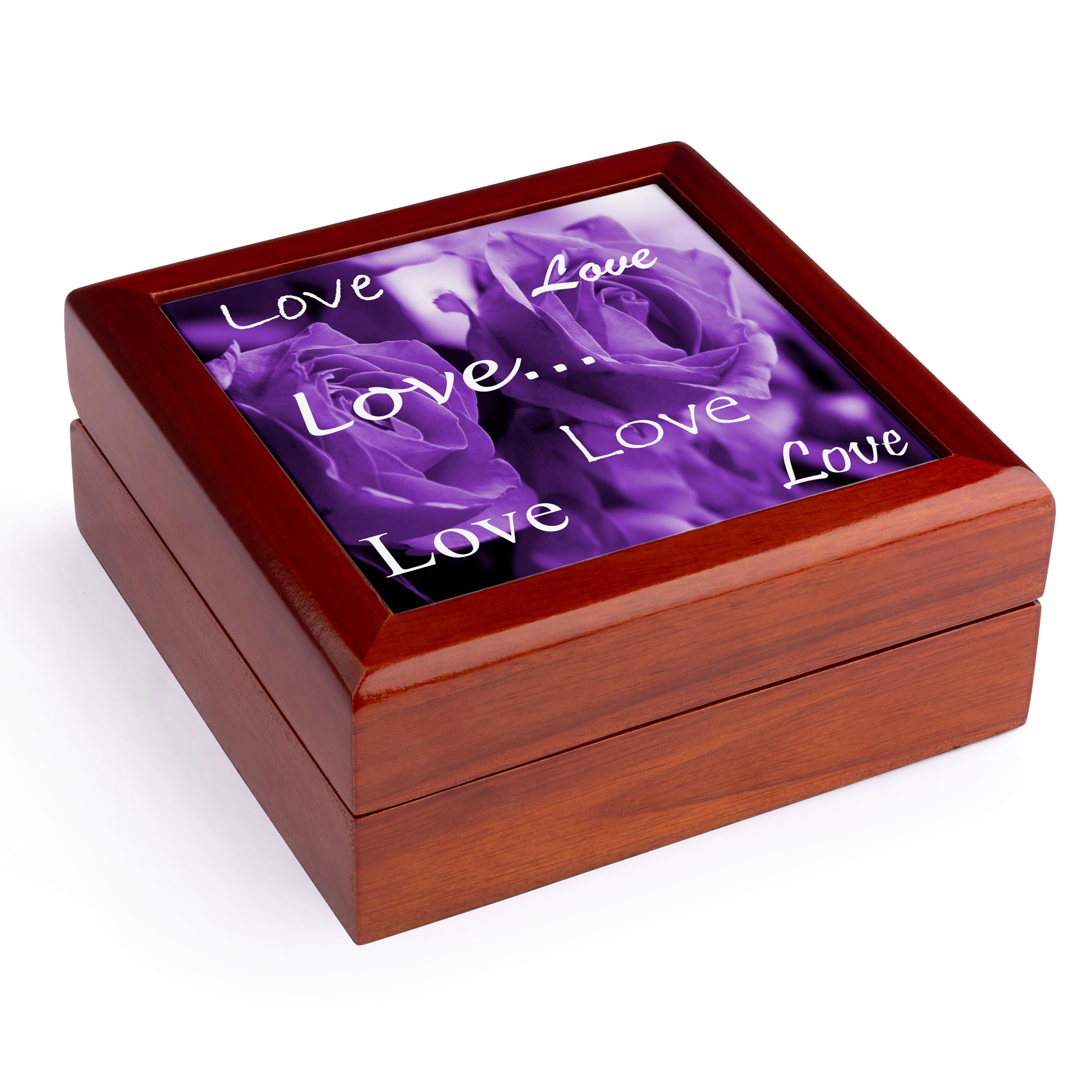 3dRose, Three Dusty Purple Roses With Love, Jewelry Box 5.5x5.5 inch with 4 inch tile