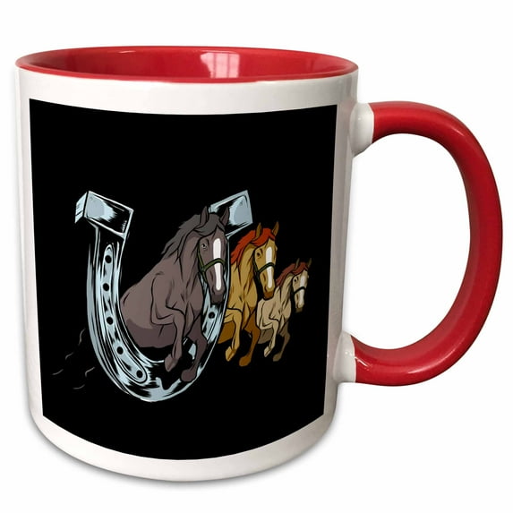3drose, Three Horse Riding with Horseshoe Equestrian, 11oz Two-tone Red Mug