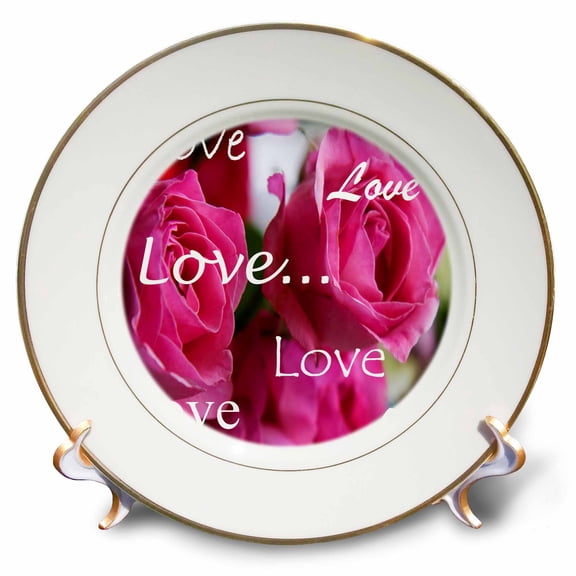 3dRose, Three Pink Roses With Love, 8 inch Porcelain Plate