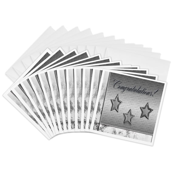 3drose, Three Silver Stars. Congratulations, 12 Greeting Cards with Envelopes