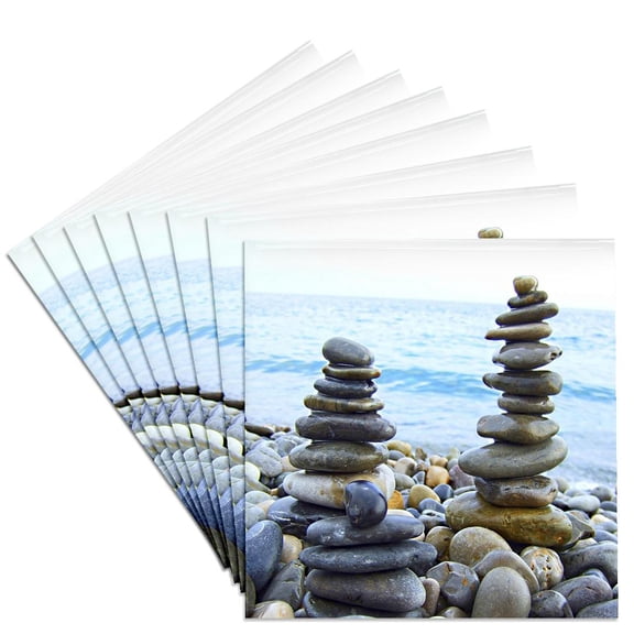 3dRose, Three Zen Stone towers on pebble beach - harmony - balance - stacked polished rocks - tranquility, Set of 8 Ceramic Tile Coasters