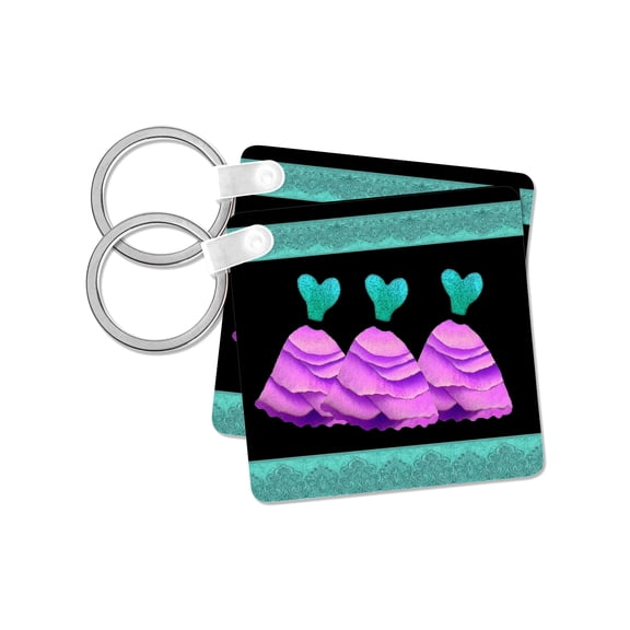 3dRose, Three frilly turquoise and magenta dresses with coordinating ribbons, set of 2 Key Chains