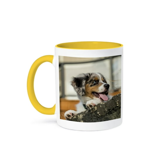 3dRose, Three month old Blue Merle Australian Shepherd puppy , 15oz Two-Tone Yellow Mug
