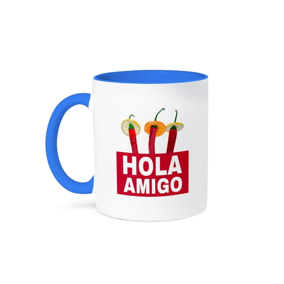 3dRose, Three red chili peppers in sombreros. Text Hola Amigo on red, 11oz Two-Tone Blue Mug