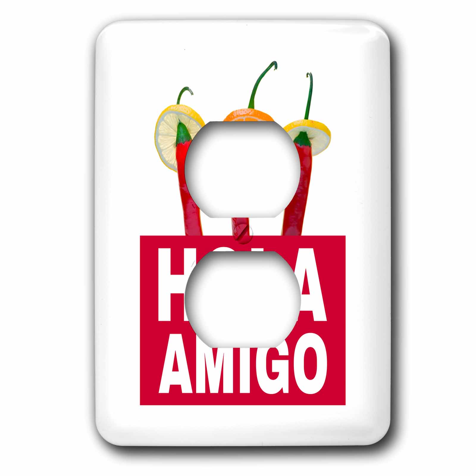 3dRose, Three red chili peppers in sombreros. Text Hola Amigo on red, 2 plug outlet cover