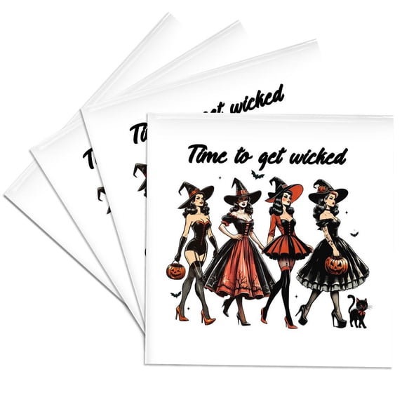 3dRose, Time to Get Wicked Fun Vintage Halloween with Four Witches, Set of 4 Ceramic Tile Coasters