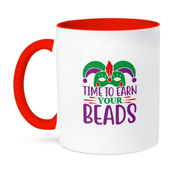3drose, Time to Earn Your Beads Purple, Green Text, Funny Mardi Gras Gift, 11oz Two-tone Red Mug