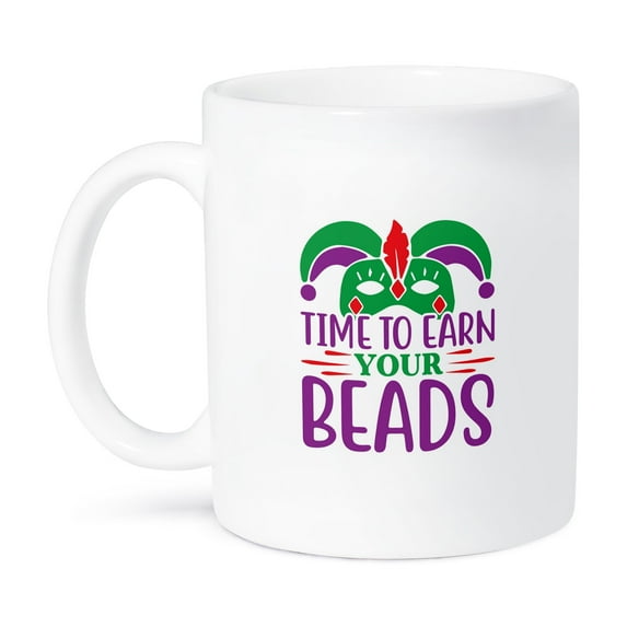 3drose, Time to Earn Your Beads Purple, Green Text, Funny Mardi Gras Gift, 15oz Mug