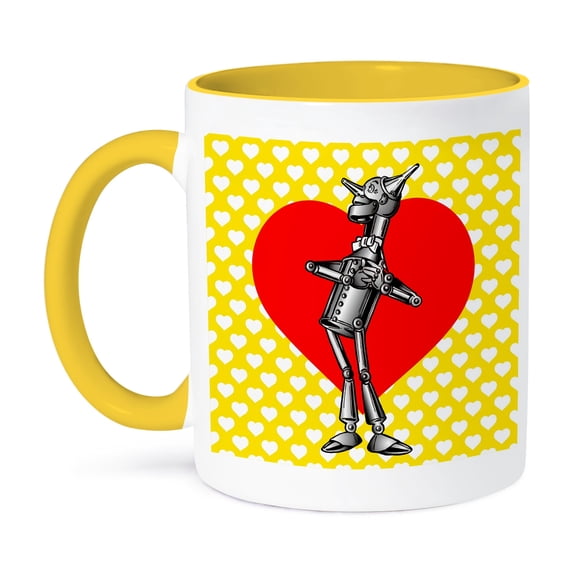 3dRose, Tin Man over Big Red Heart on White and Yellow Background, 11oz Two-Tone Yellow Mug