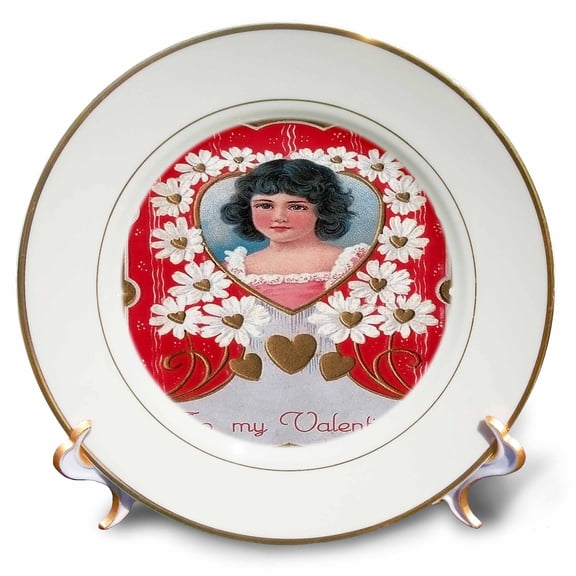 3dRose, To My Valentine Pretty Girl Framed in a Heart with White Flowers, 8 inch Porcelain Plate