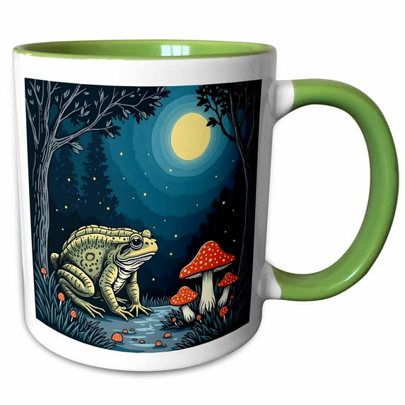 3drose, Toad Foraging Toadstools in a Moonlit Woodland Cut-out Stencil-style, 11oz Two-tone Green Mug