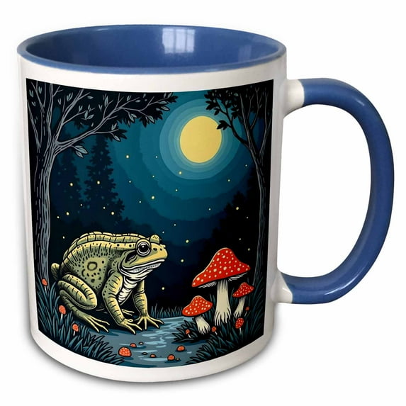 3drose, Toad Foraging Toadstools in a Moonlit Woodland Cut-out Stencil-style, 15oz Two-tone Blue Mug