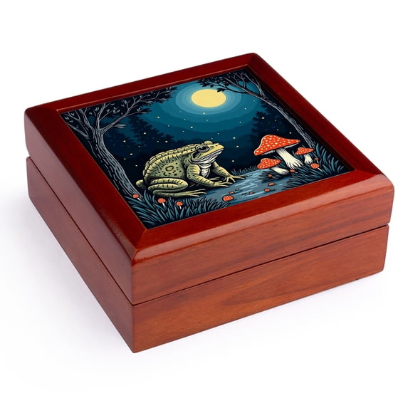 3dRose, Toad Foraging Toadstools In A Moonlit Woodland Cut-Out Stencil-Style, Jewelry Box 5.5x5.5 inch with 4 inch tile