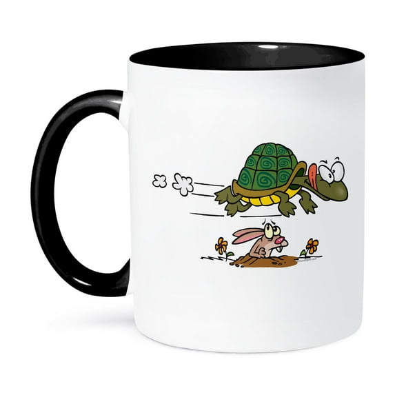 3dRose, Tortoise and the Hare Funny Cartoon, 15oz Two-Tone Black Mug