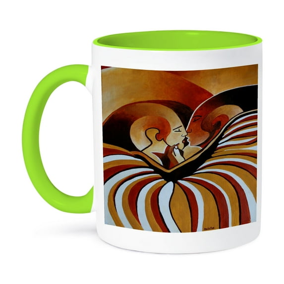 3dRose, Touched By Africa African themed art of a man and woman kissing and in love, 11oz Two-Tone Green Mug