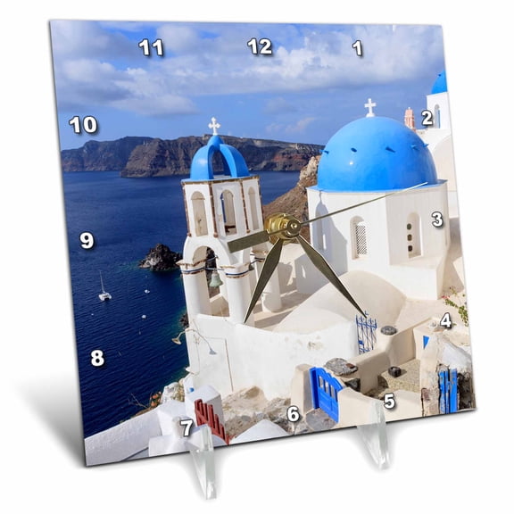 3dRose, Traditional Blue Roofed Churches and homes, Santorini. Greece., 6x6 Desk Clock