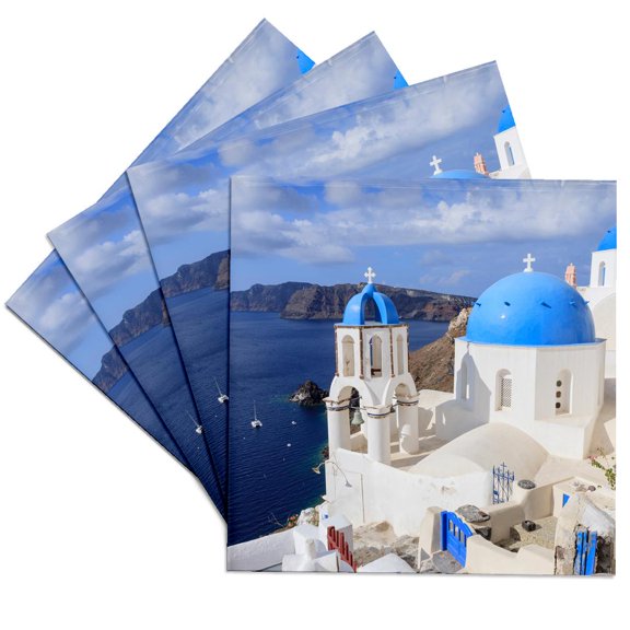 3drose, Traditional Blue Roofed Churches and Homes, Santorini. Greece., Set of 4 Ceramic Tile Coasters