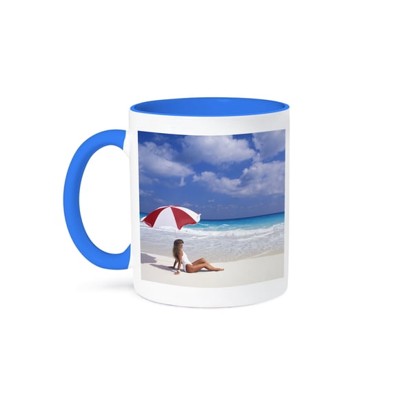 3dRose, Travel, woman on tropical beach with umbrella - LI02 BBA0065 - Bill Bachmann, 11oz Two-Tone Blue Mug