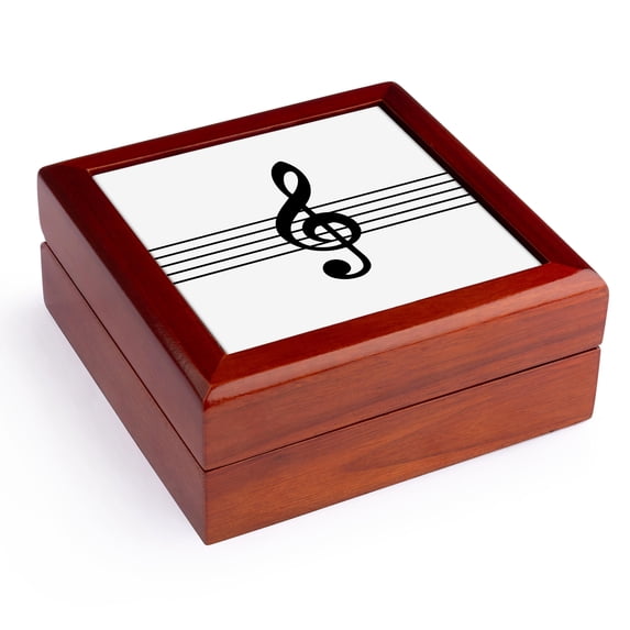 3dRose, Treble clef G-clef on musical staves staff black and white music gift, Jewelry Box 5.5x5.5 inch with 4 inch tile