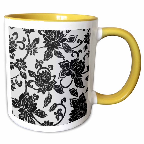 3drose, Trendy Black N White Flowers, 11oz Two-tone Yellow Mug