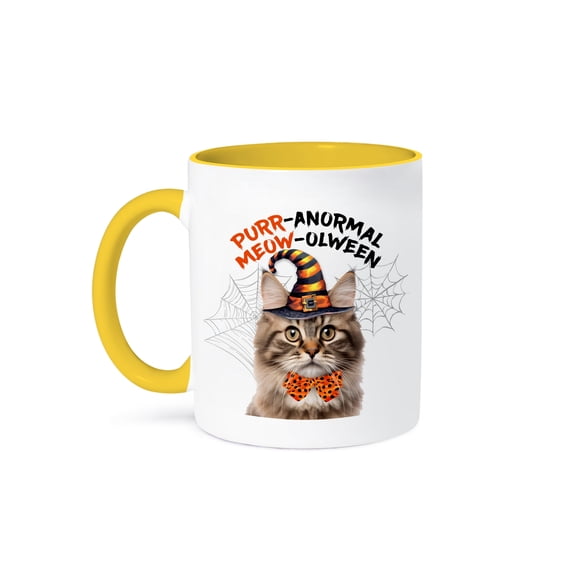 3dRose, Tri Colored Kitty with Fluffy Hair in a Wizard Hat on Halloween, 11oz Two-Tone Yellow Mug