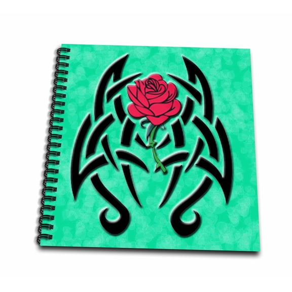 3dRose, Tribal art with red rose and gradient green patterned background, Drawing Book 8 x 8 inch