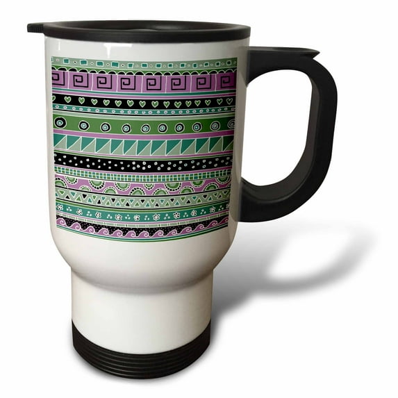 3dRose, Tribal pattern - teal turquoise blue purple black grey gray green - aztec shapes patterned rows art, 14oz Stainless Steel Travel Mug