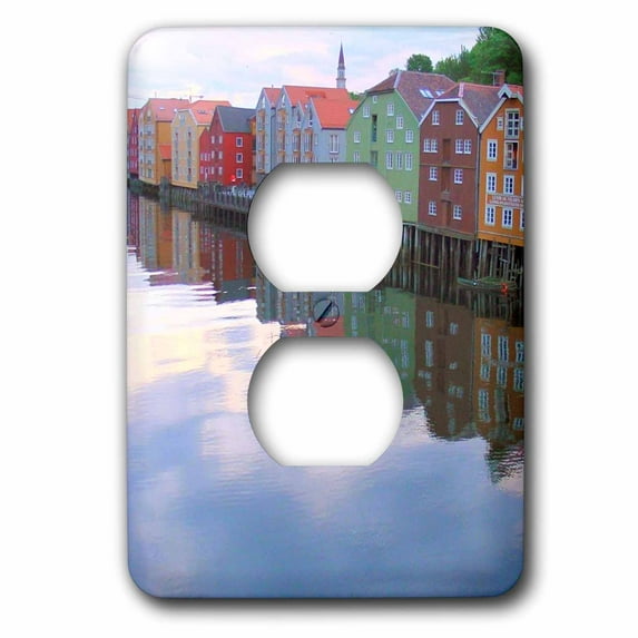 3dRose, Trondheim Norway - colorful rainbow houses on river lake reflection Calm water Norwegian photography, 2 plug outlet cover