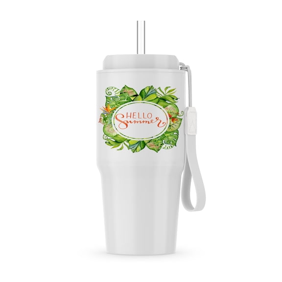 Tropic Aloha Leaves Jungle Illustration Typography - Hello Summer, 20oz Tumbler