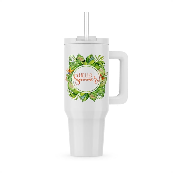 Tropic Aloha Leaves Jungle Illustration Typography - Hello Summer, 30oz Tumbler