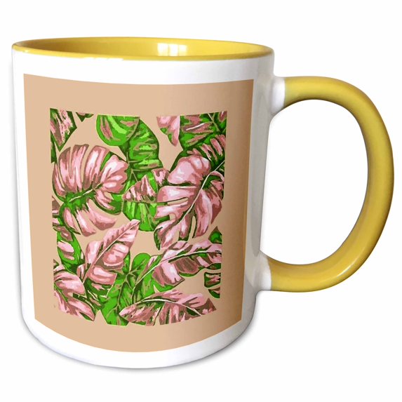 3drose, Tropical Leaves Camouflage of Banana and Monstera 10, 11oz Two-tone Yellow Mug