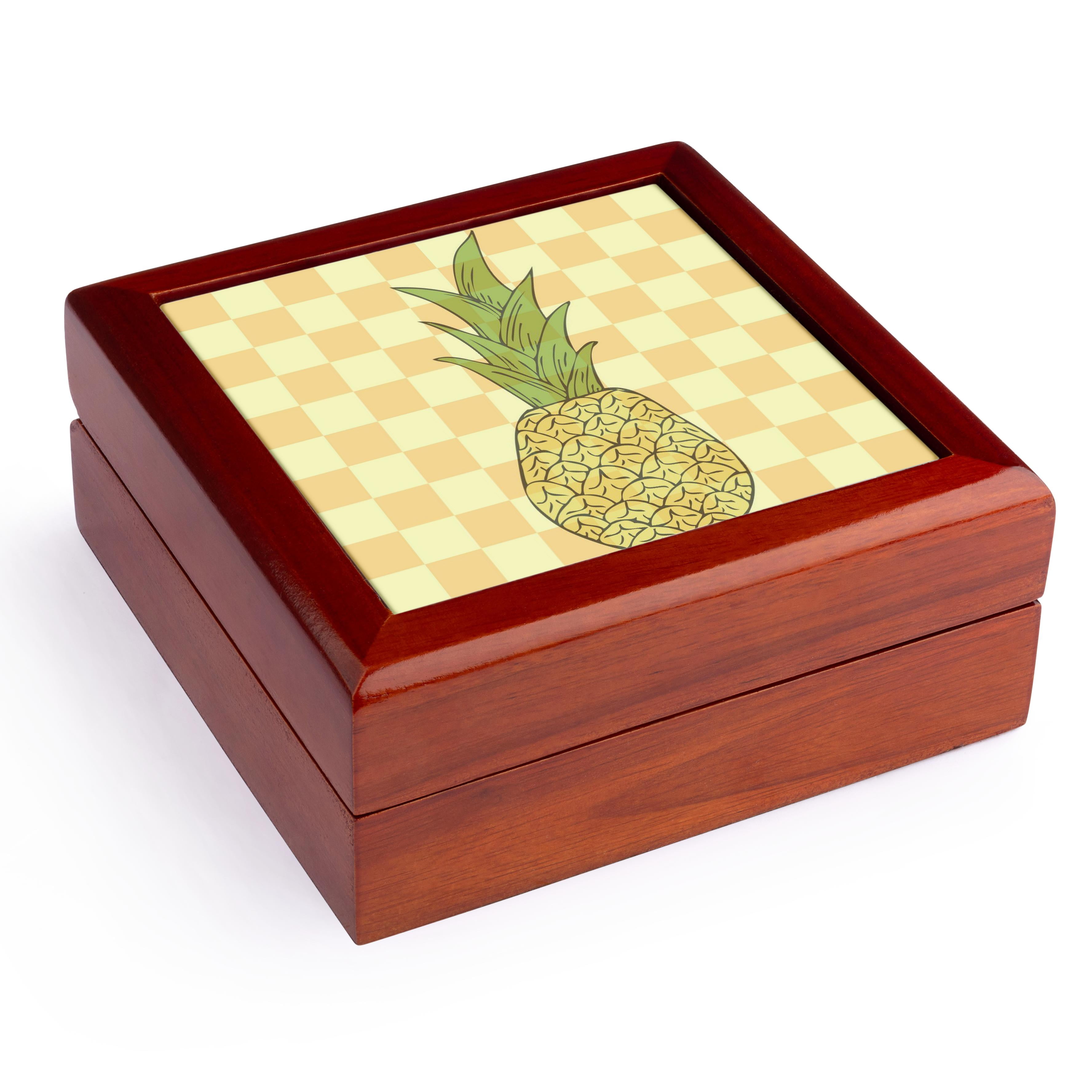 3dRose, Tropical Pineapple - Fruits - Yellow Checkered Art, Jewelry Box 5.5x5.5 inch with 4 inch tile