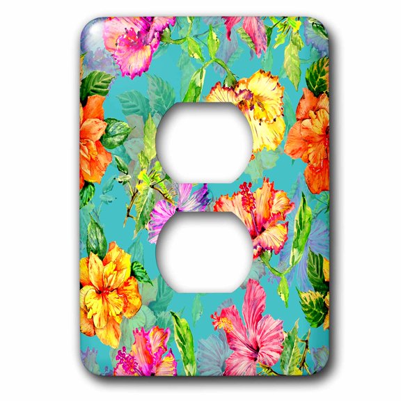 3dRose, Tropical Watercolor Teal Aloha Jungle Summer Hibiscus Pattern, 2 plug outlet cover