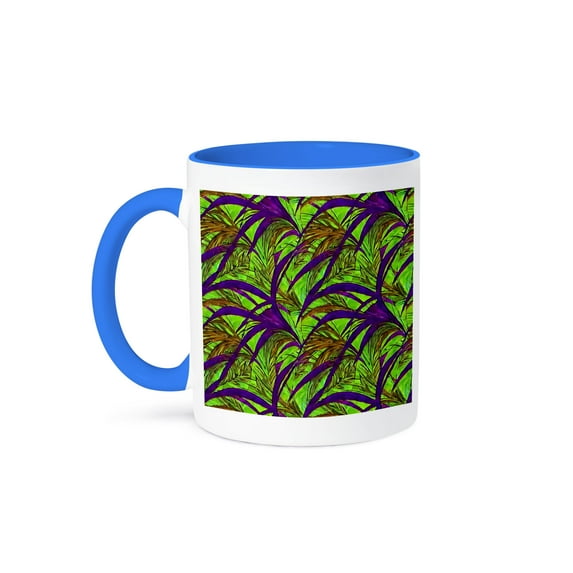 3drose, Tropical Floral Mardi Gras Pattern of Purple, Yellow Leaves on Green, 15oz Two-tone Blue Mug