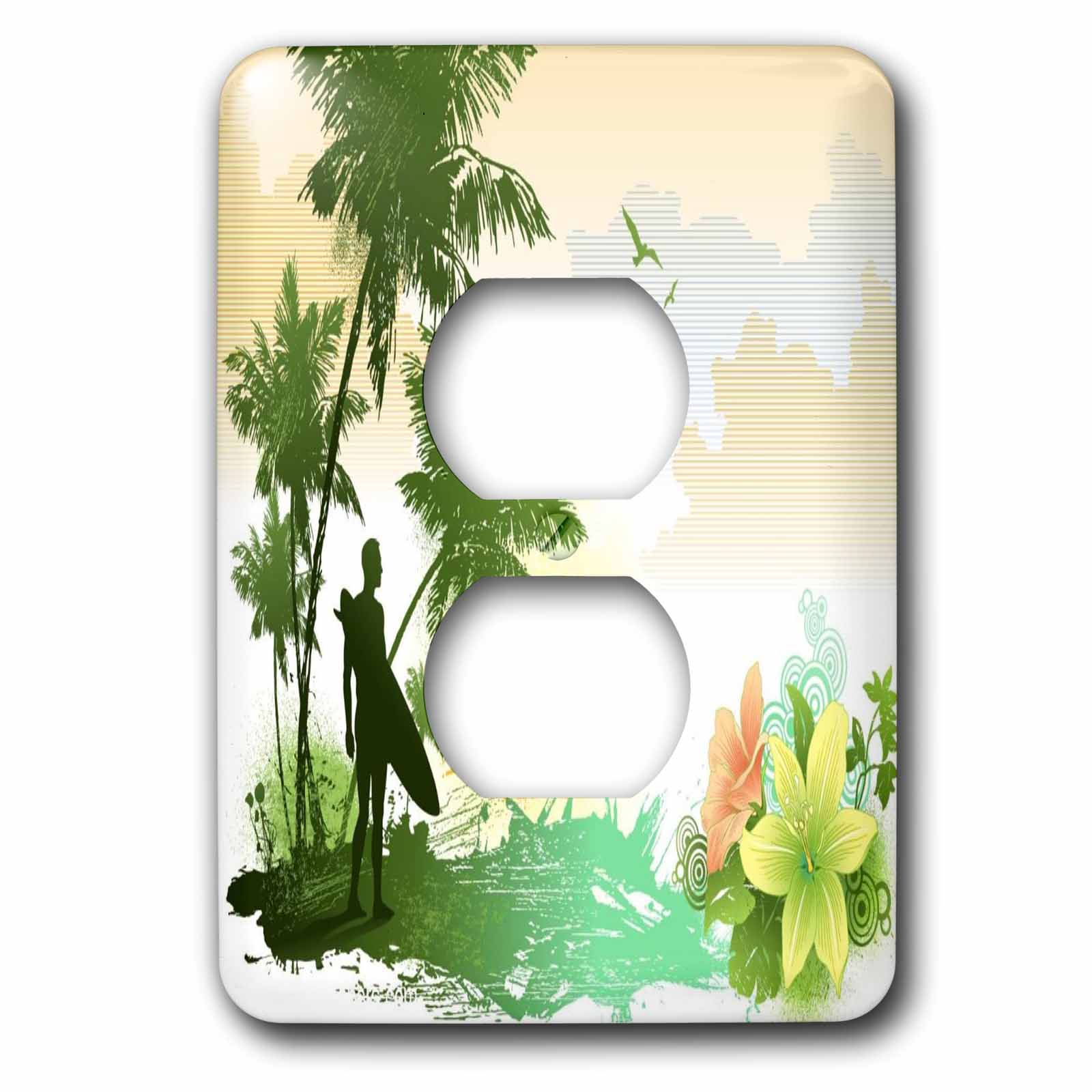 3dRose, Tropical surfing art vector with palm trees, flowers and ocean background, 2 plug outlet cover