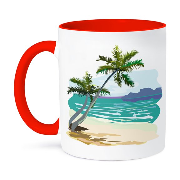 3dRose, Tropics Scene Palm Tree Water, 15oz Two-Tone Red Mug