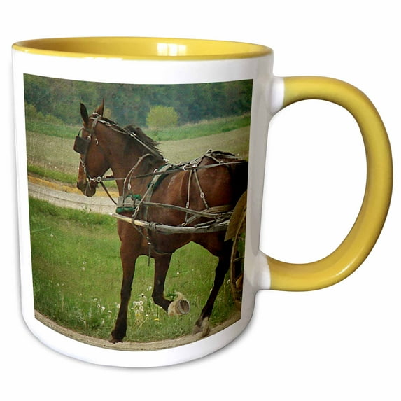 3drose, Trot on Horse, Amish Buggy Horse Trotting, 11oz Two-tone Yellow Mug