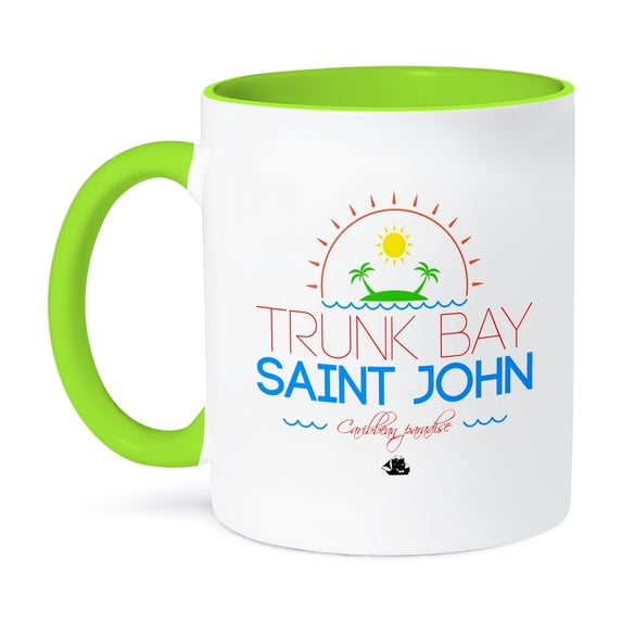 3dRose, Trunk Bay, Saint John, Caribbean paradise text and image, 11oz Two-Tone Green Mug