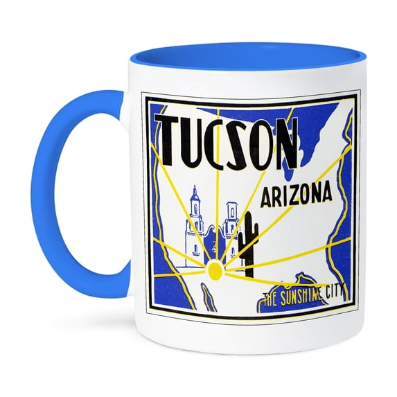 3dRose, Tucson Arizona The Sunshine City Vintage Luggage Label, 11oz Two-Tone Blue Mug