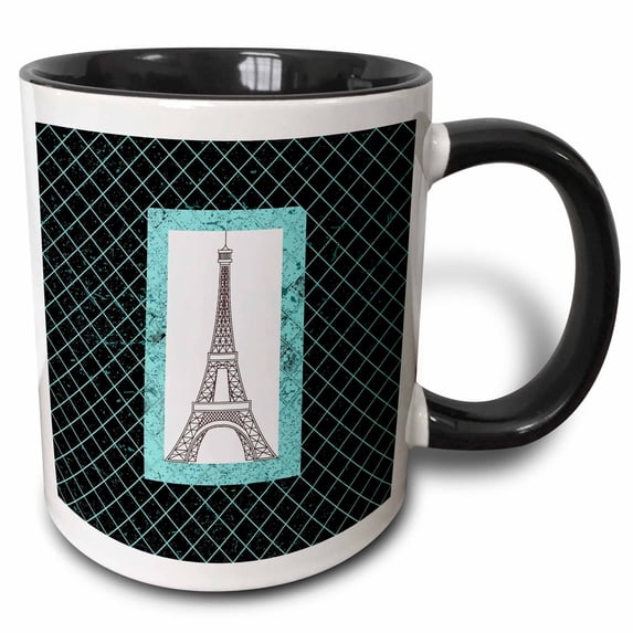 3drose, Turquoise Eiffel Tower on a Diamond Pattern Background, 15oz Two-tone Black Mug