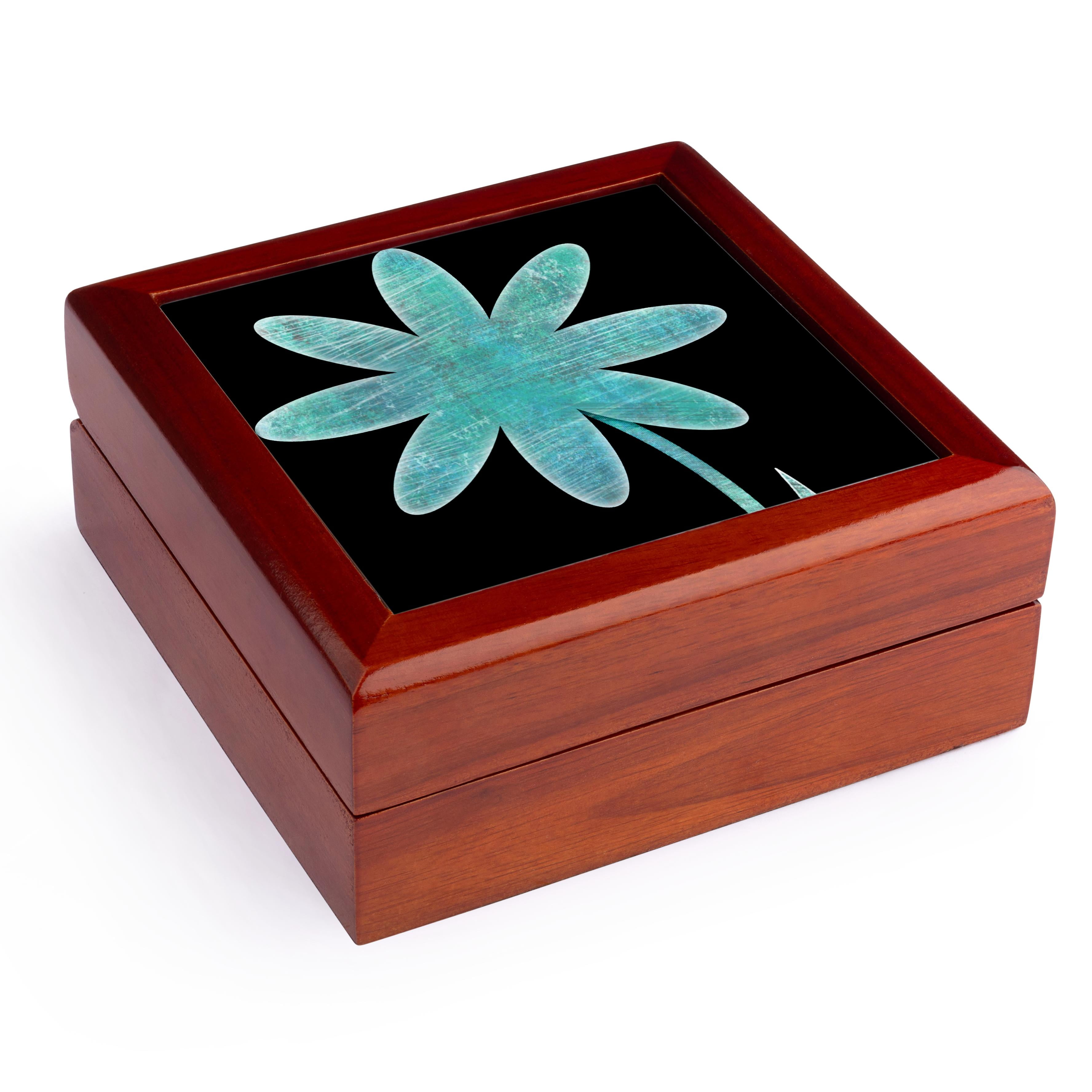 3dRose, Turquoise Flower - Fun Floral Art, Jewelry Box 5.5x5.5 inch with 4 inch tile