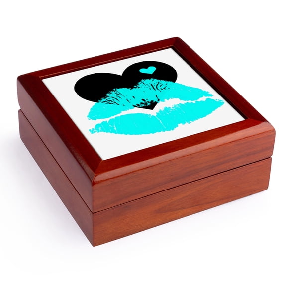 3dRose, Turquoise Smooches Lips With A Black and Turquoise Heart, Jewelry Box 5.5x5.5 inch with 4 inch tile